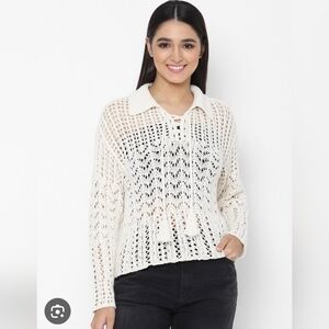 Cream Crochet Tie-Neck Sweater - Women / American Eagle